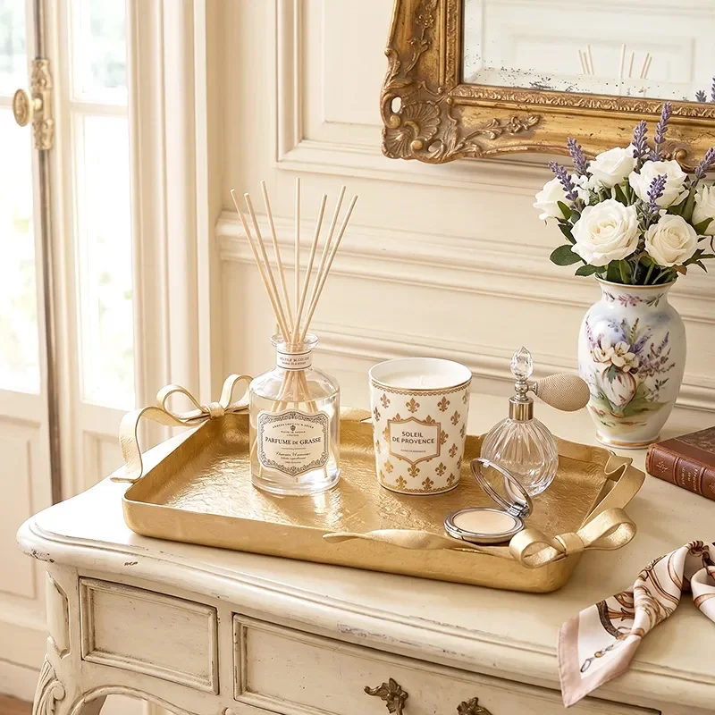 for French Wrought Iron Entrance Storage Plate Jewelry Ornament Decorative Tray Golden Bow Aromatherapy Rack Home