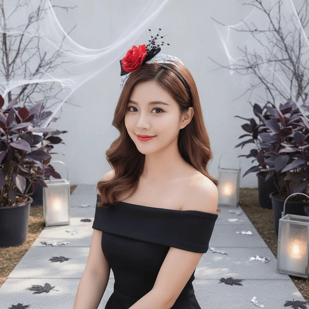 Red Rose Skeleton Hand Headband Black Bowknot Lightweight Rose Flower Hairband Secure Grip Skeleton Bones Gothic Hair Hoop