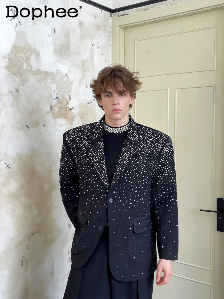 

Hot Diamond Starlight Dazzling Personality Men's Blazers Black Long Sleeve Men's Suit Jackets Full Body Diamonds High-end Blazer