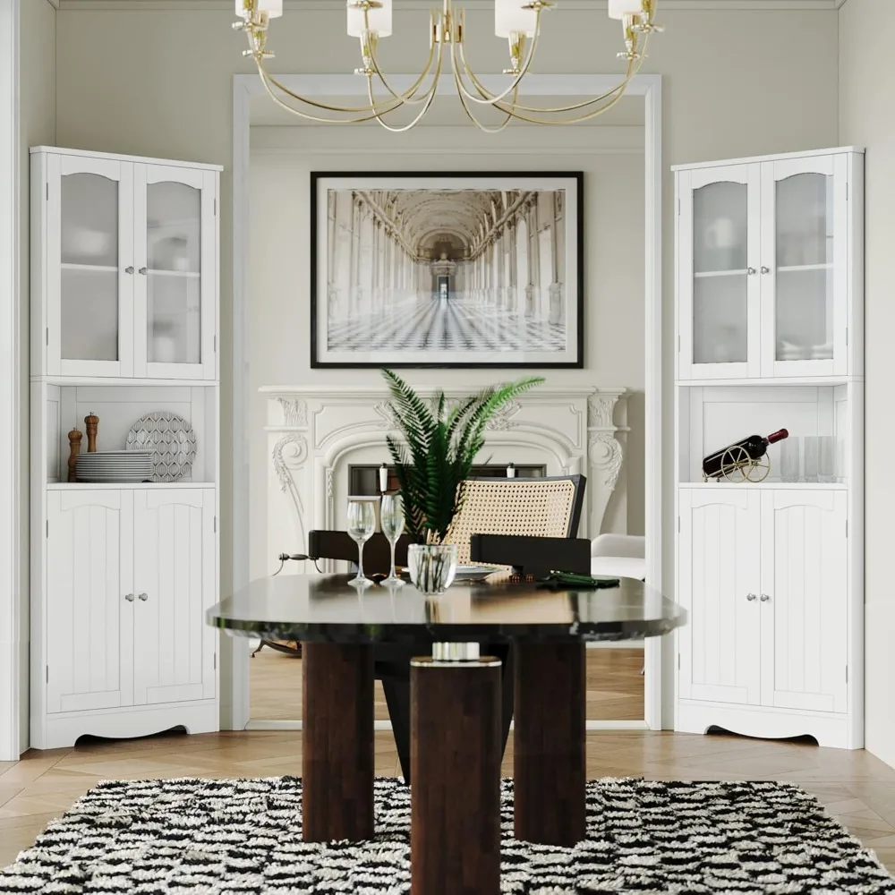 63.2인치 높이의 욕실 코너 캐비닛, 유리문이 있는 모던 수납장, 뷔페 허치, 거실용 독립형 팬트리