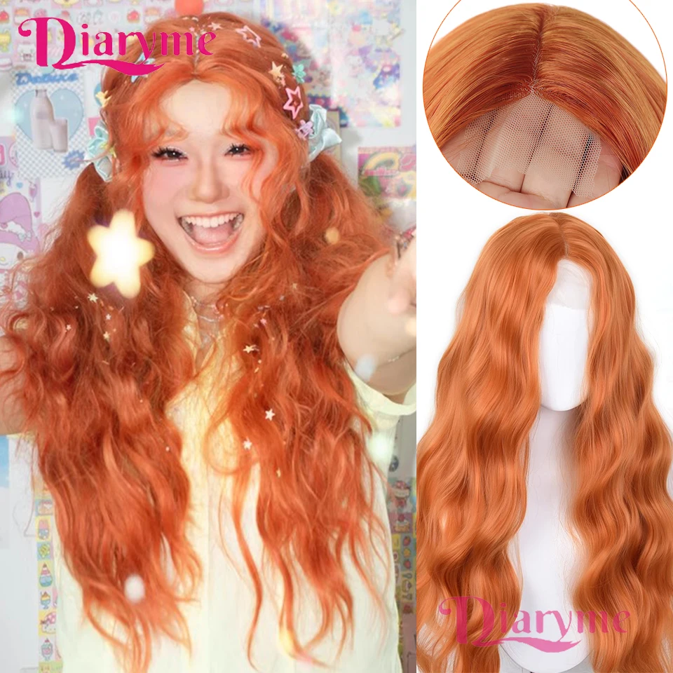 

Long Wavy Synthetic Wigs Middle Part Front Lace Wigs Orange Cosplay Party Lolita Hair Wigs for Women Natural Heat Resistant Wig