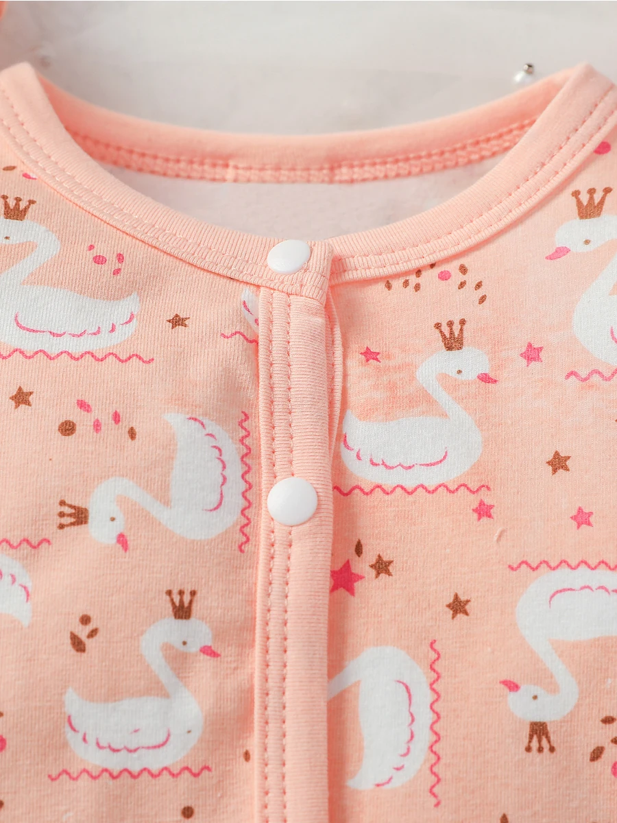 4Pcs 2024 Baby Clothes Cotton Newborn-6M   Jumpsuit Cartoon Swan Print Girls Outfit  Rompers Clothing+Hat+Bib+Gloves