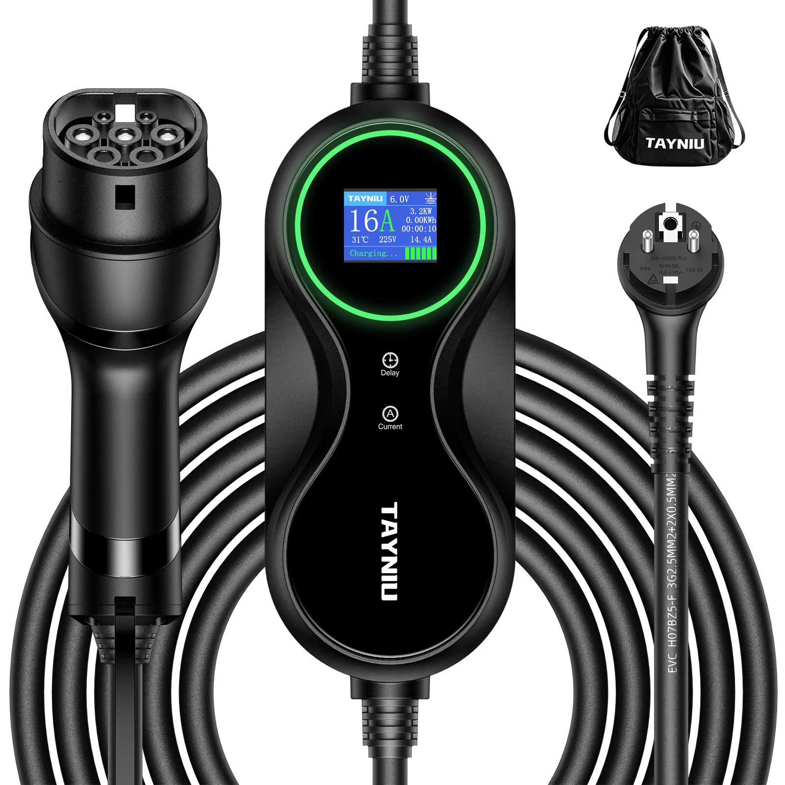 TAYNIU 3.5KW 16A Portable EV Charger Type 2 Current Adjustable 5m Charging Cable EU Plug, for Tesla / MG & Renault EVs PHEV