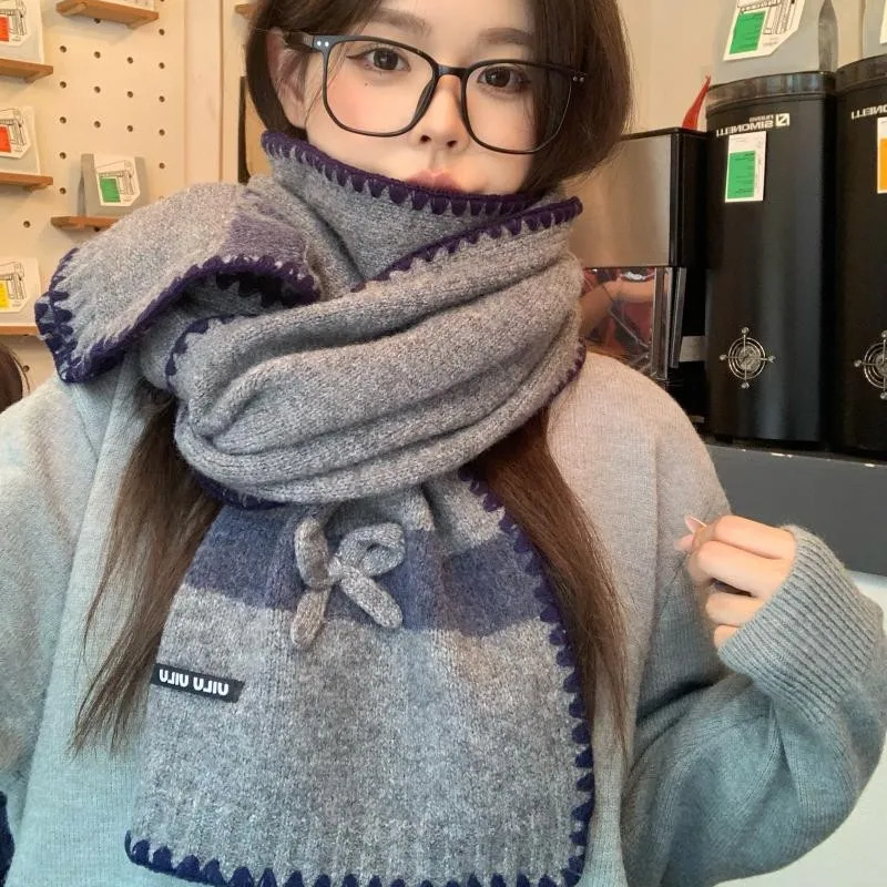 2025 New Fashion Bow Trim Contrast Color Knitted Scarf Women Versatile Shawl Warm Student Neck Wrap Trendy