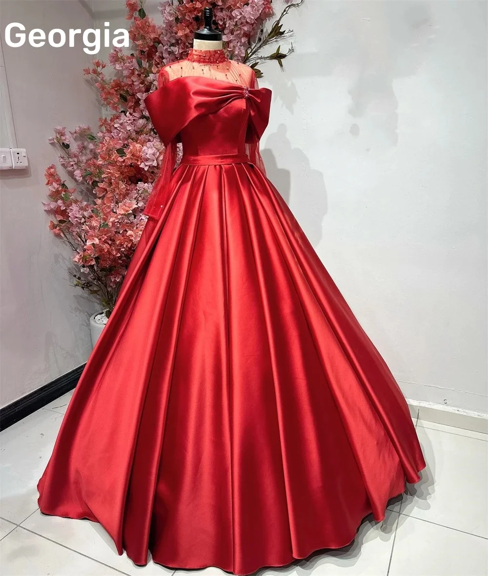 

Customized Saudi Arabian Red A Line Evening Dresses Long Sleeve Beadig Wedding Party Dress 2024 Satin High Neck Formal Vestidos