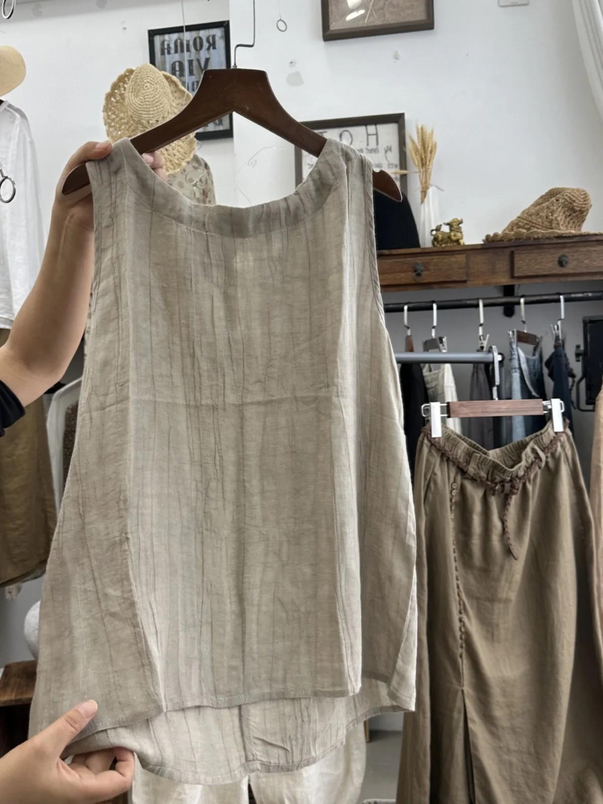 

Хлопково-льняной свободный топ без рукавов, женский модный летний маленький жилет на бретельках, художественная круглая футболка в стиле ретро