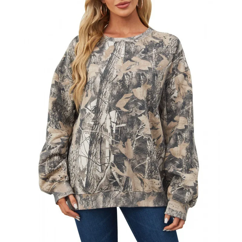 2024 popular women\'s camouflage sweatshirt Maple Leaf Chinese Restaurant print oversized camouflage crew neck sweatshirt pullove