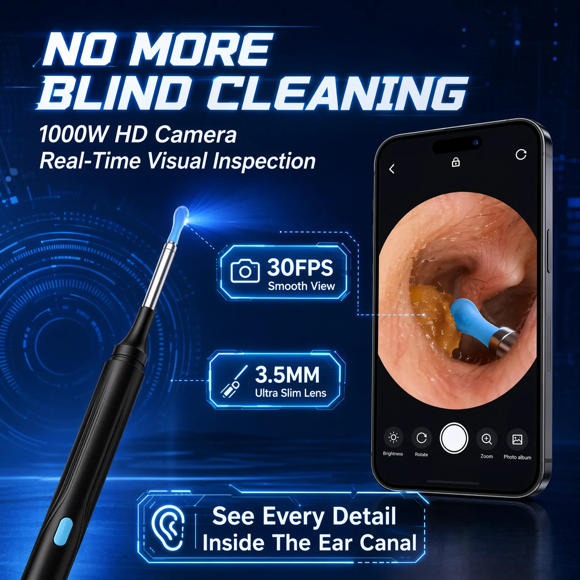 Smart Visual Ear Cleaner HD Camera Ear Wax Remover WiFi Otoscope 1000W Dual Mode Silicone Spoon Tweezers USB Rechargeable Safe