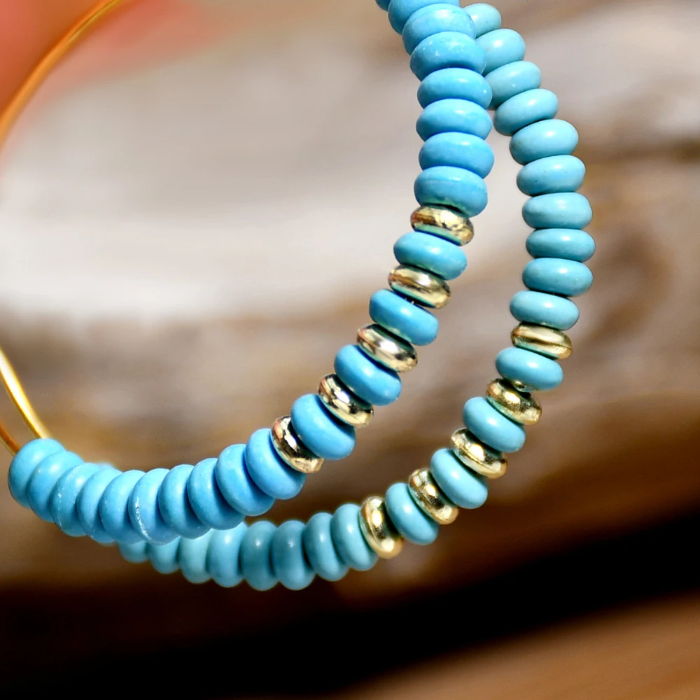 Vintage Turquoise Beaded Hoop Earrings Women Fashion 40mm Golden Ear Hoops Glass Imitation Pearl Jewelry