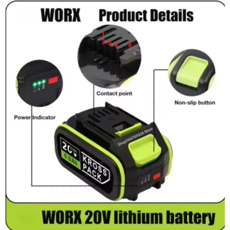 Original WORX PowerShare 20V 4.0Ah 5.0Ah 6.0Ah 5-Pin Lithium  Battery Replacement High Capacity Power Tool WA3520 WA3551 WA3553