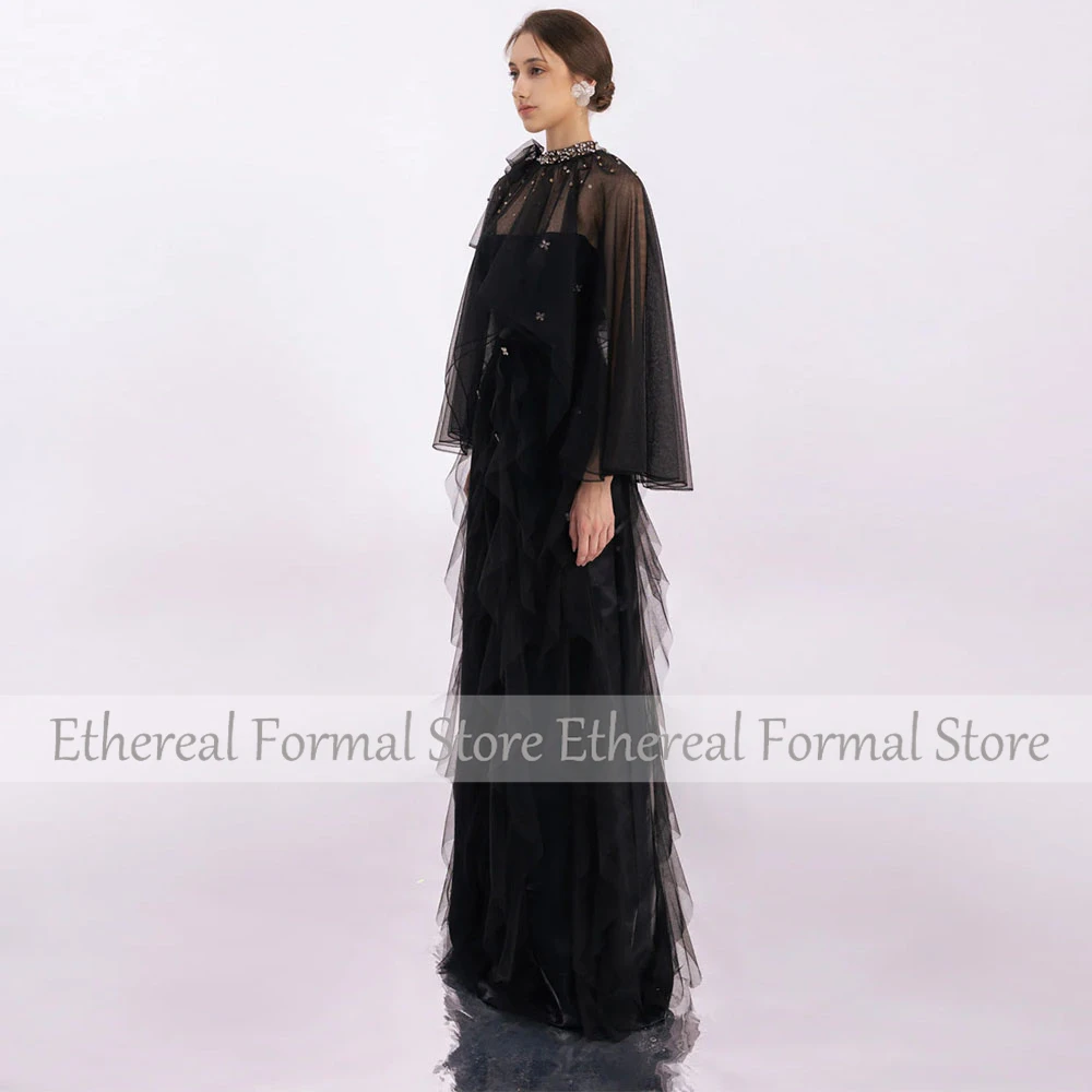 Modernes schwarzes Abendkleid mit Perlenstickerei, trägerloses Meerjungfrau-Damen-Abendkleid mit Schal, ärmellos, Trompete, lange formelle Kleider