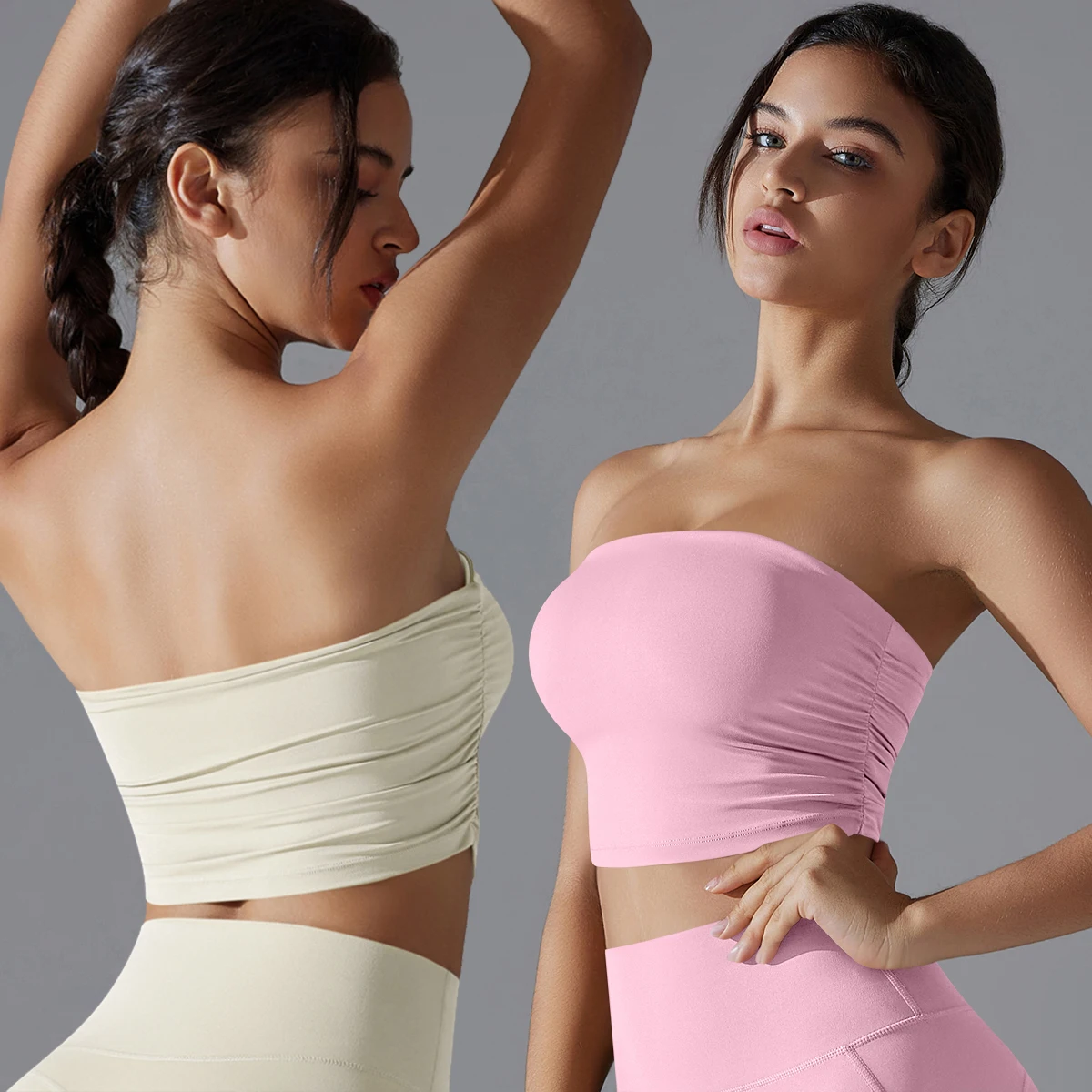 Strapless Anti Slip Yoga Tube Top Woman Sport Yoga Bra with Chest Pad Removable Chest Cushion Gym Running Shockproof Workout Top