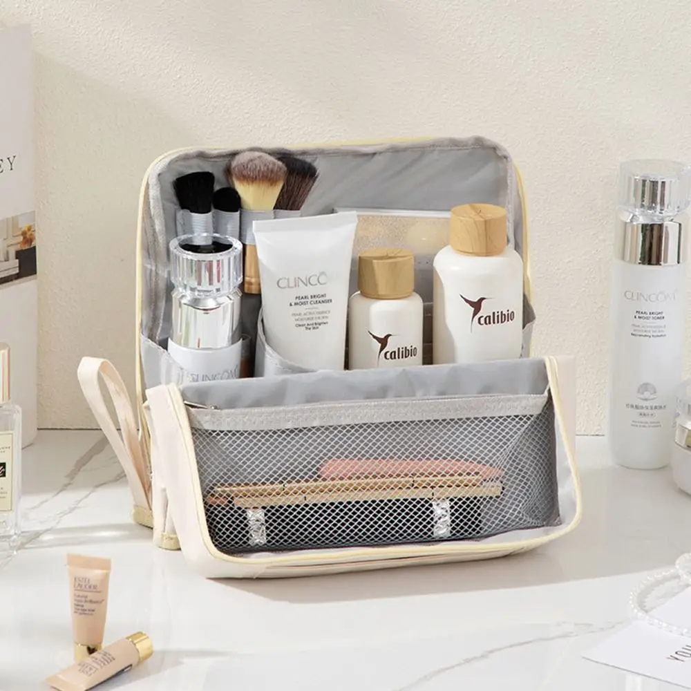 PU Vertical Makeup Bag Standable Large Capacity Skincare Storage Bag Multi-Compartment Minimalist Student Stationery Bag Outdoor