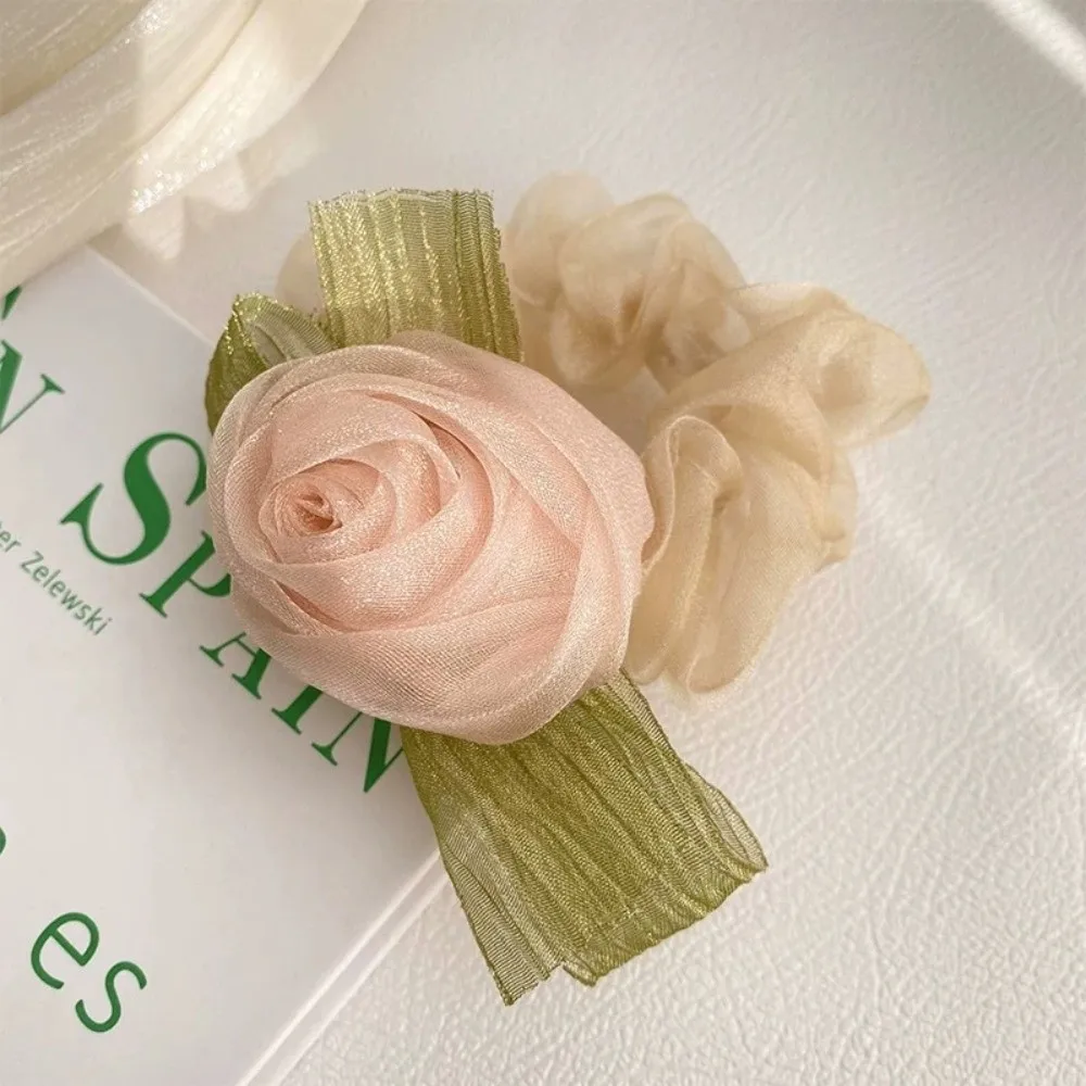 

Elegant Organza Rose Flower Hair Tie Non Slip High Elasticity Hair Ring Large Intestine Circle Women