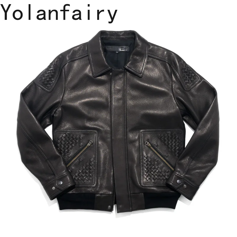 

YOLANFAIRY High Quality Real Goatskin Men Leather Jacket Casual Woven Leather Strips Lapel Genuine Leather Jackets Coat Slim-fit