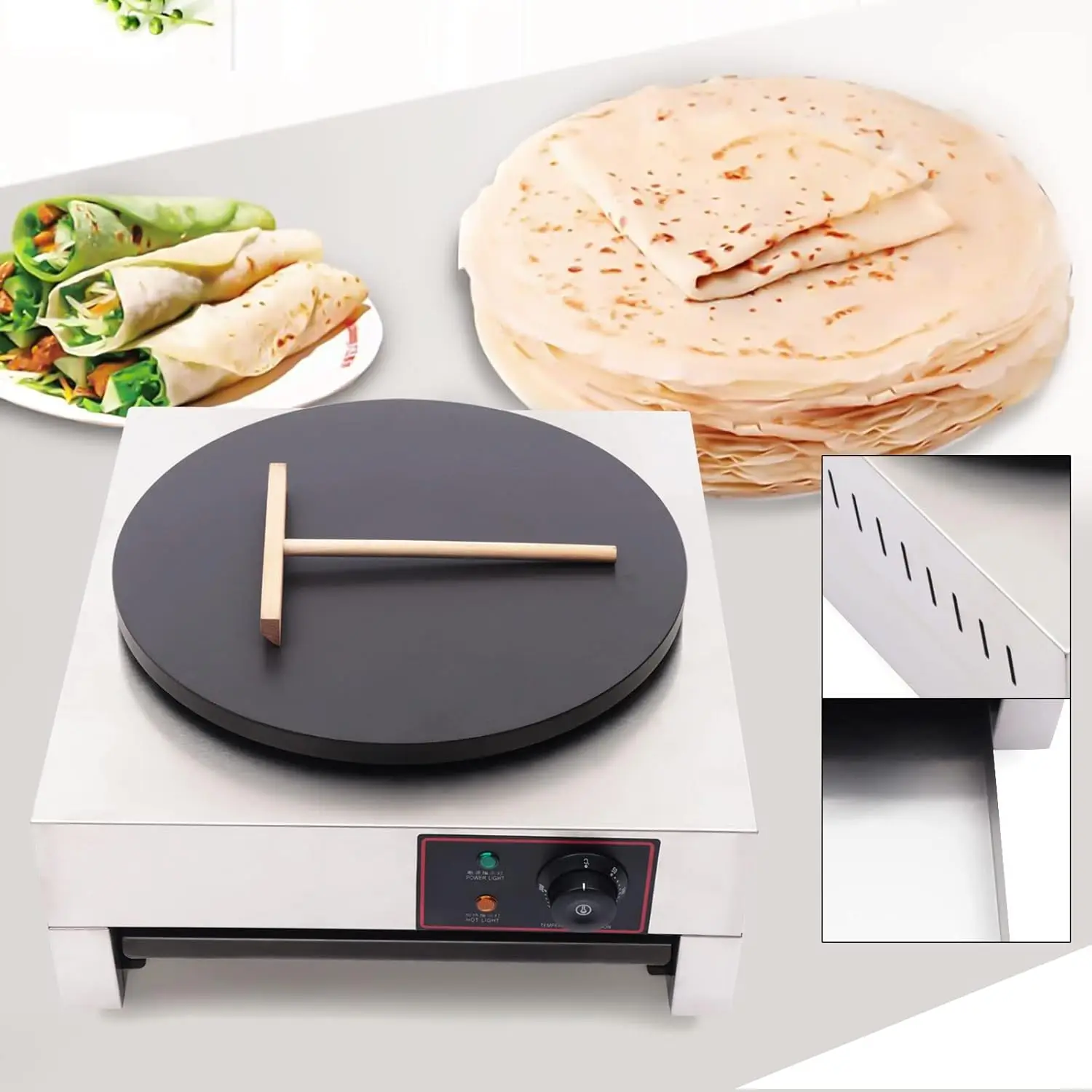 110V 전기 크레페 메이커 온도 조절 크레페 팬 싱글 핫플레이트 논스틱 40cm 베이킹 팬, 마끼용 전기 크레페 팬