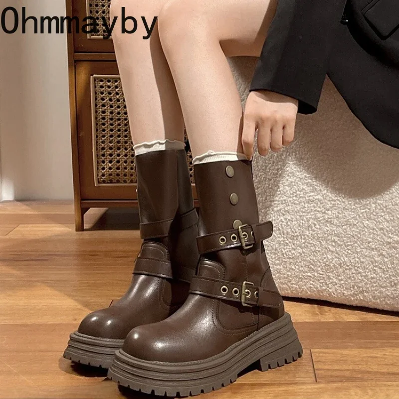 Autumn Winter Women Western Cowboy Boots Vintage Belt Buckle Thick Bottom Shoes Modern Mid Calf Botas Zapatos De Mujer