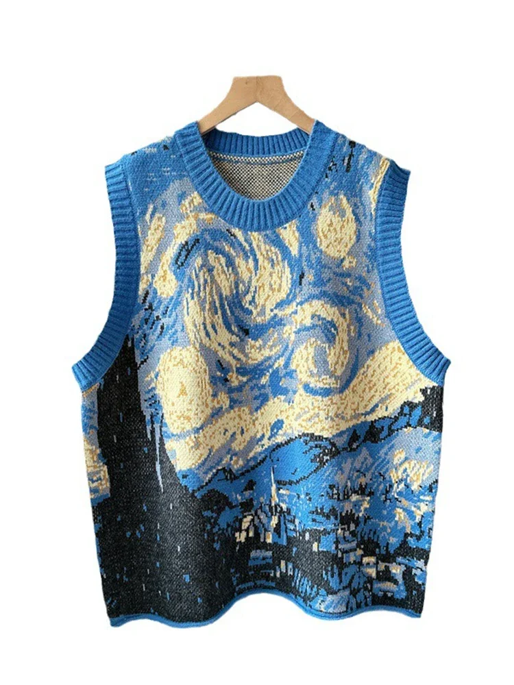 Design Sense Retro Oil Painting Women's Sweater Vest Contrast O Collar Elastic Pullover Knitted Vest 2024 Autumn/winter New