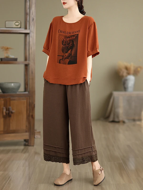 

Модный хлопковый льняной комплект для женщин среднего возраста и ly, прямые брюки, топ, бот, комплект из двух предметов, осенняя одежда