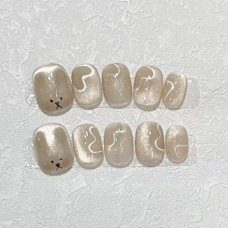 10 Pieces Sweet and Cute Daily Short Handmade Press On Nails Shiny Cat Eye Heart Puppy Fake Nails Removable Reusable