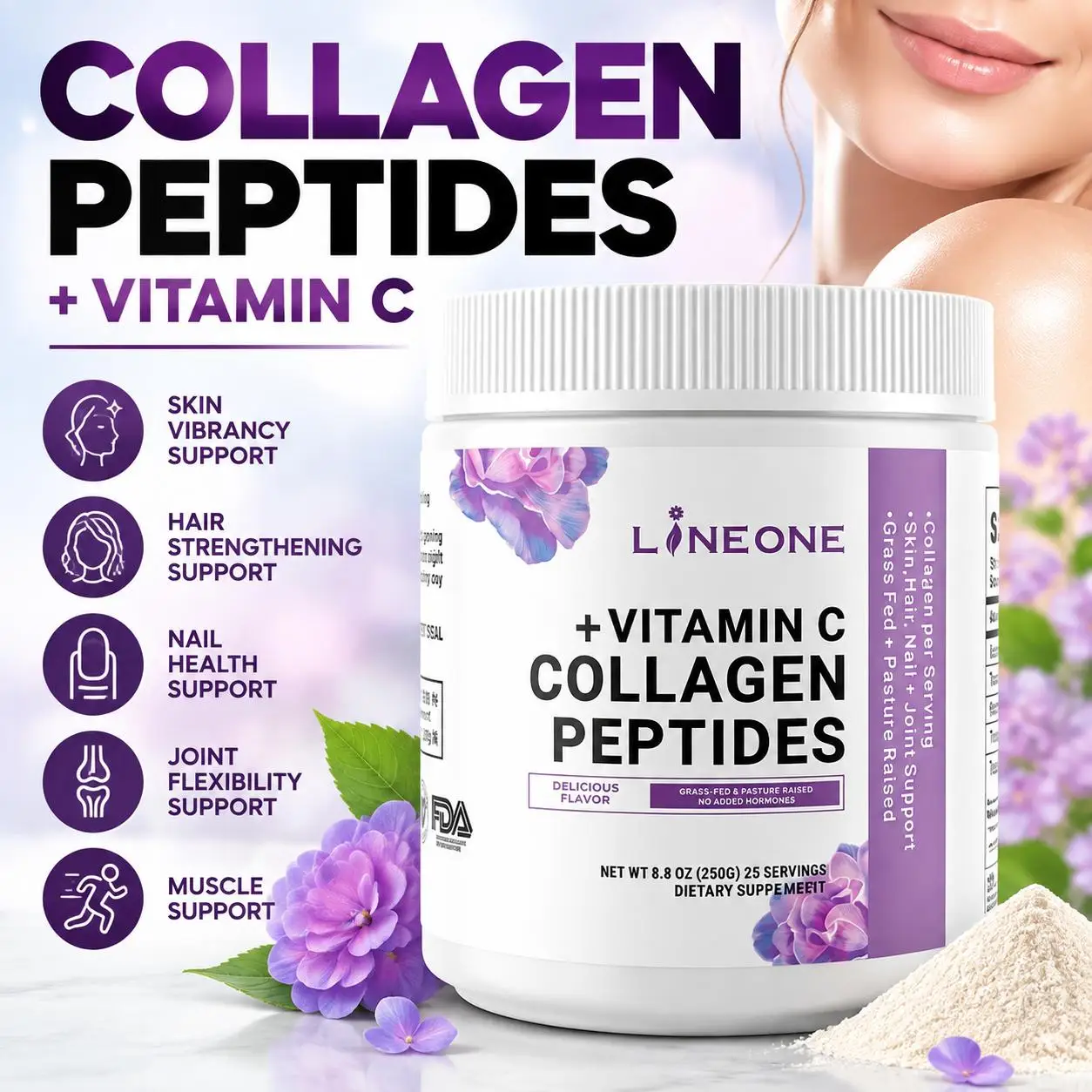 Collagen Peptides Powder Maintain Skin Hydration and Elasticity Hair Nails Joint Flexibility Nourishes Grass Fed Vitamin C 250g