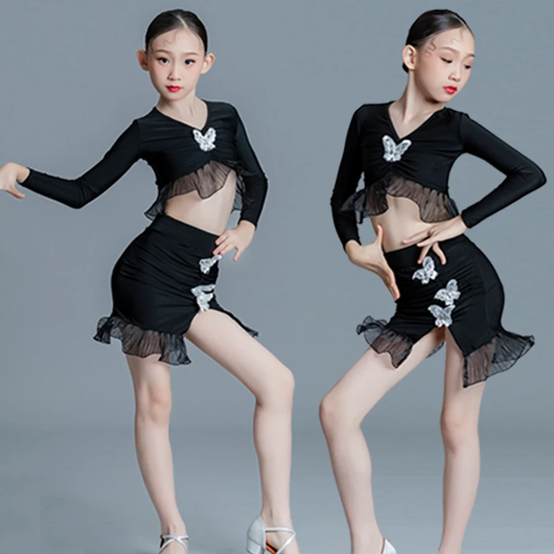 

Fashion Kids Performance Dancing Clothes Child Latin Dance Costumes Girls Latin Dance Dress Black Latin Top Skirts XS5696