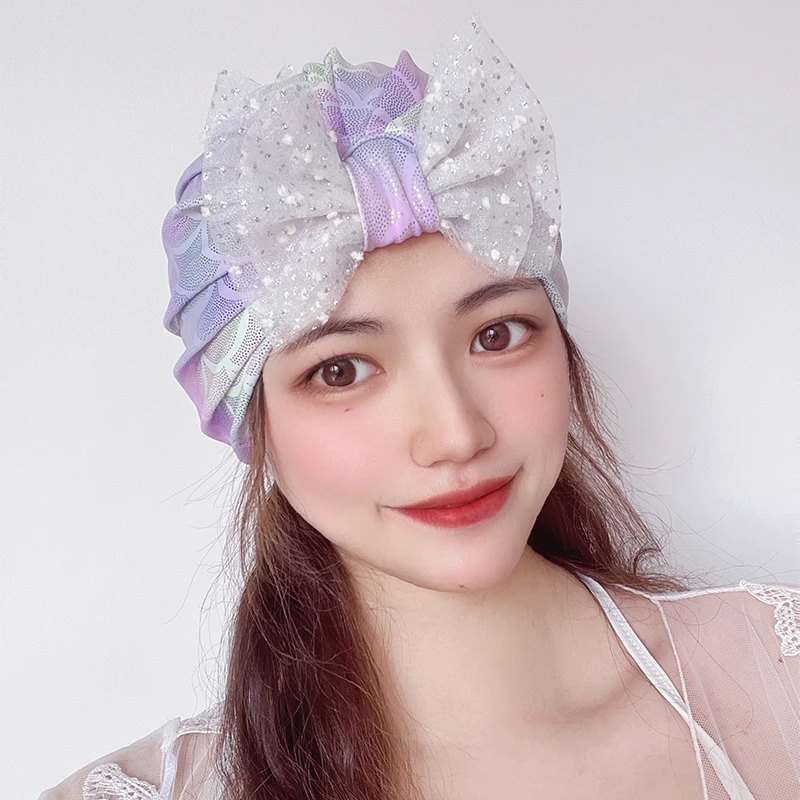 Bowknot Swimming Bathing Cap Turban Women Waterproof for Long Hair Ladies Ear Protection Adults Muslim Swim Hat Seaside