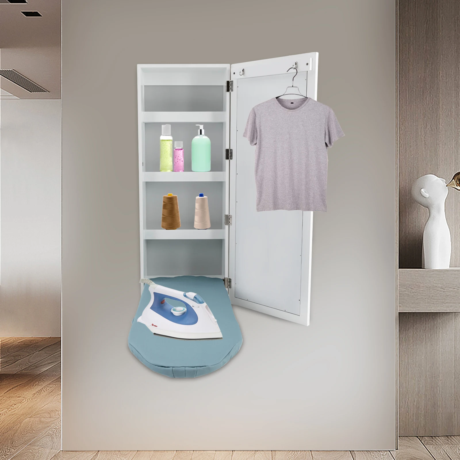 

Foldable White Ironing Cabinet Wall Mounted, Storage with Mirror & Garment Hooks, Ideal for Laundry Room & Compact Home Use