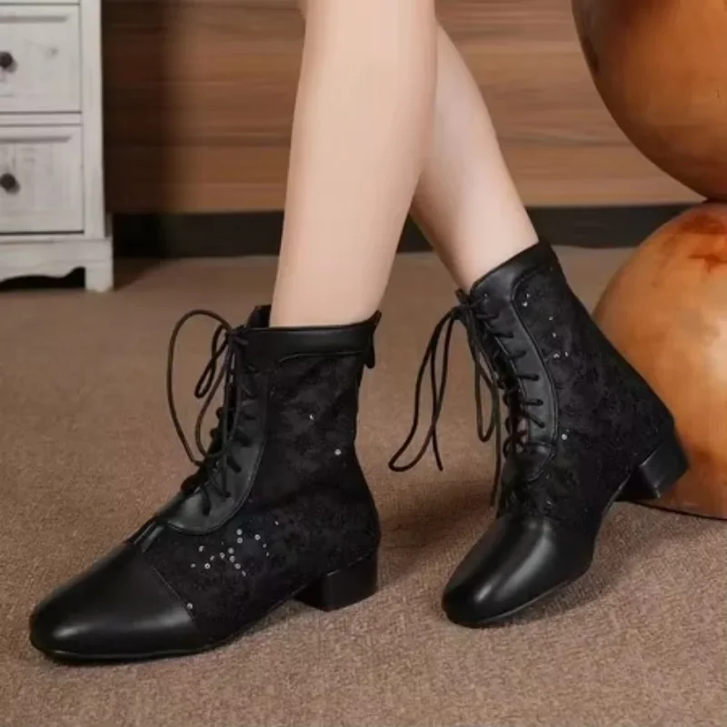 

2025 Fashion Women Ankle Boots Round Toe Mid Heels 3cm Zipper Lace Up Breathable Mesh Plus Size 44 45 46 Sweet Daily Booty