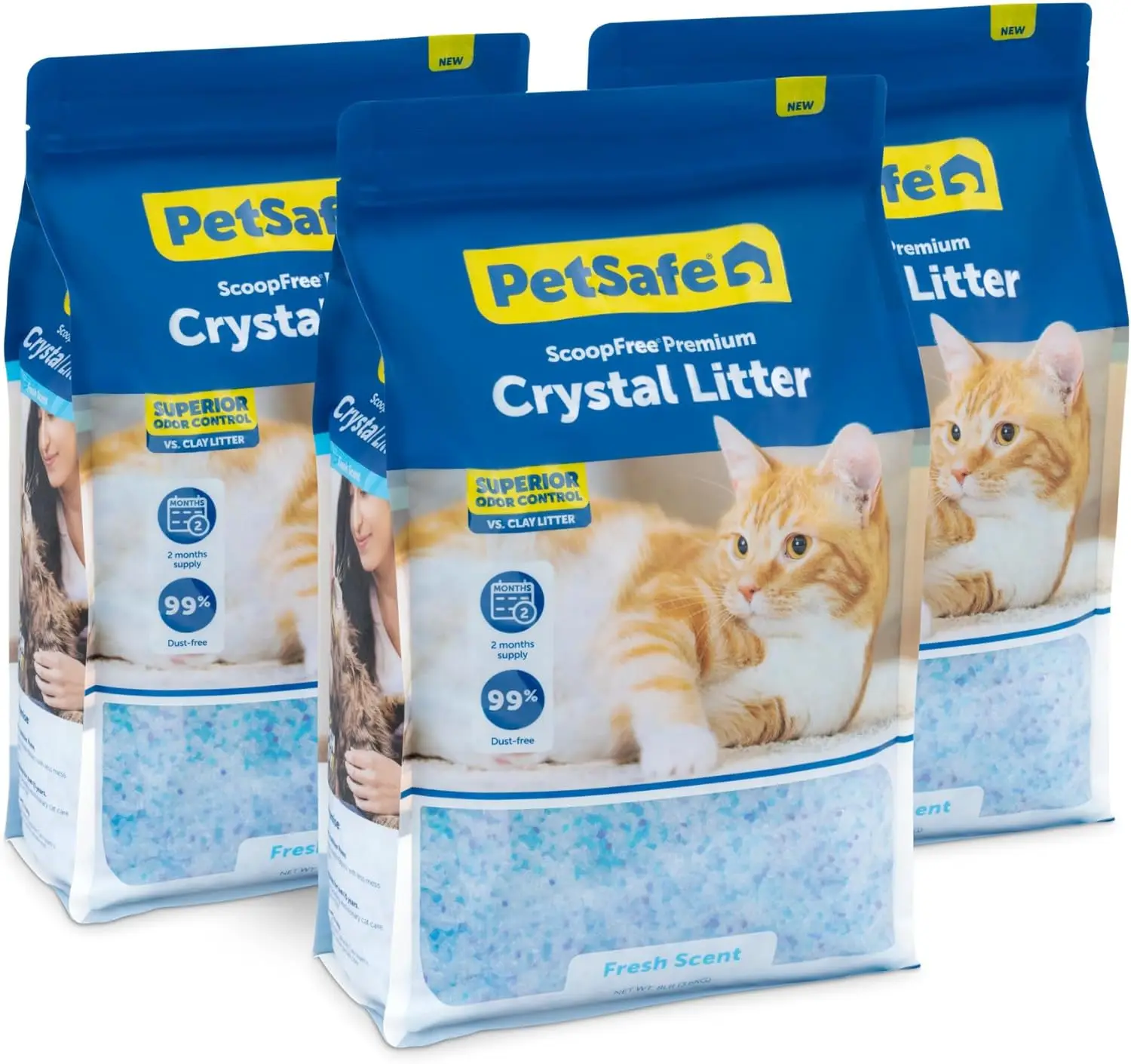 Arena para gatos de cristal premium: sílice ultraabsorbente, control de olores que no se aglutinante, aroma fresco, bolsa de 8 lb, paquete de 3