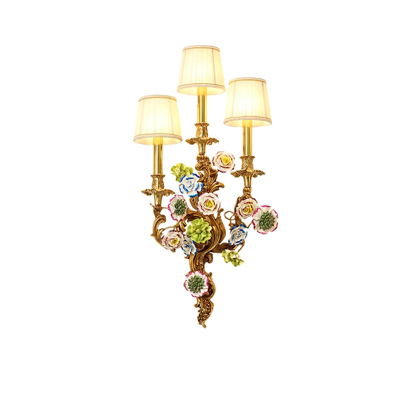 

French Country Rococo Style Brass Wall Lamp, Single Unit, with European Romantic Ceramic Flower Copper Wall Sconce for Bedroom B