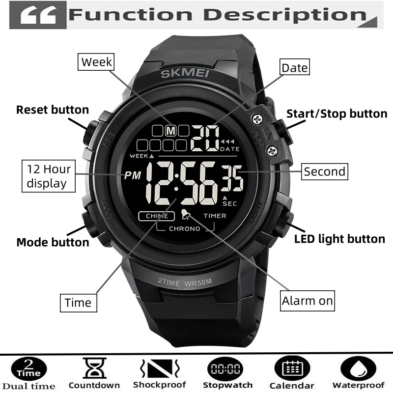 Skmei Dual Time Zones Digital Watches for Men Waterproof Swimming Sports Electronic Wristwatch LED Stopwatch Male Alarm Clock