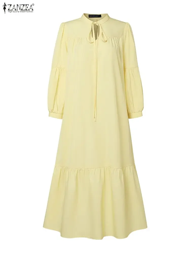 ZANZEA ファッションロングシャツドレス女性エレガントなオフィスストリートウェアミディサンドレス秋フリルパフスリーブ包帯パーティーローブ