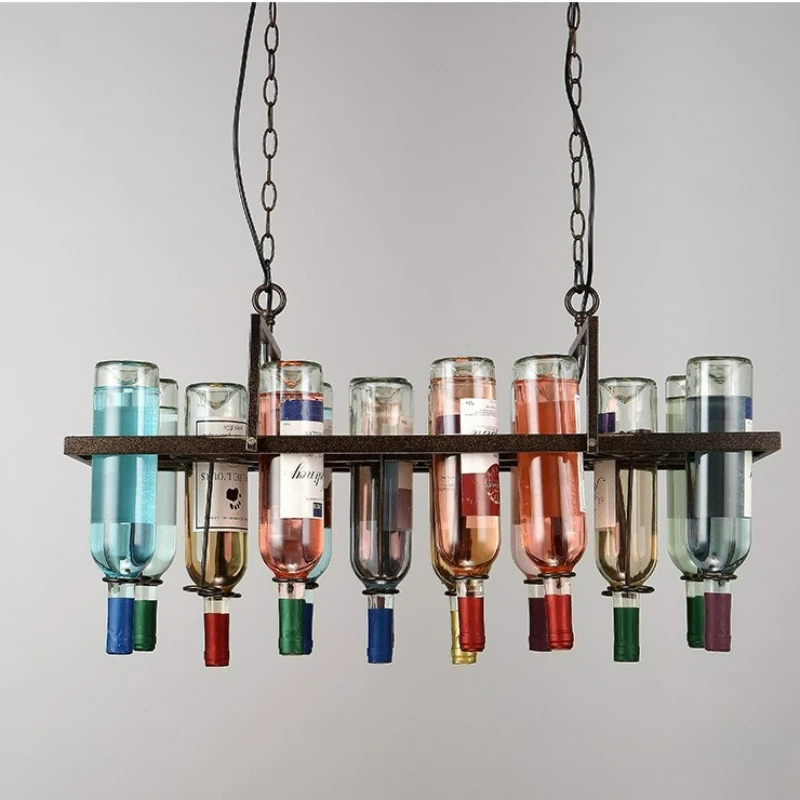 Retro Industrial Rust Metal Colored Wine Bottle Glass Chandelier  for Cafe Bedroom Kitchen American Style Decor Lighting