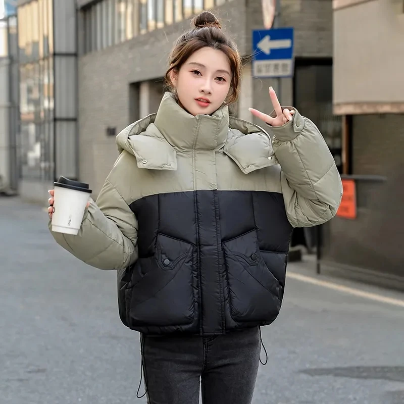 Down Jacket Women Parkas 2025Autumn Winter New Hooded Warm Cotton Padded Coat Female Fashion Contrast Outwear Bread Overcoat Top