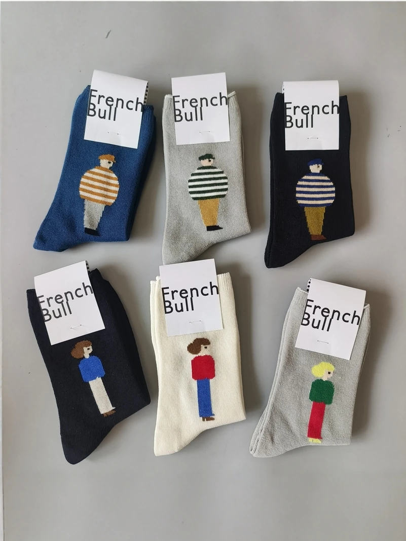 Japanese Style Mid-Calf Cotton Blend Socks Women's AB Version Loose Mouth Cuffed Artistic Figure Patterned Socks Trendy