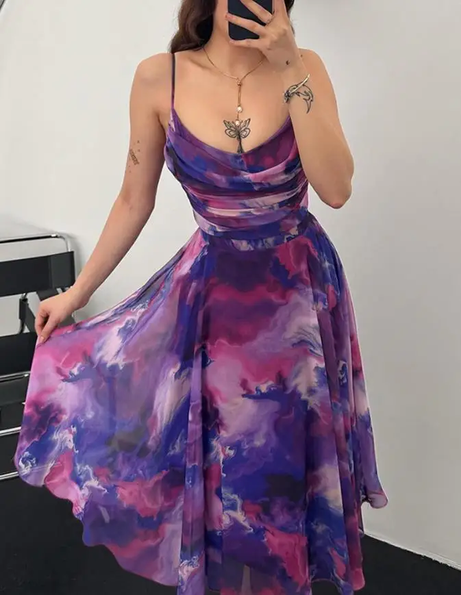

Women's Sexy Dresses Daily Wear Female Ombre Print Spaghetti Strap Cowl Neck Dress Woman Casual A Line Sheer Mesh Party Dress