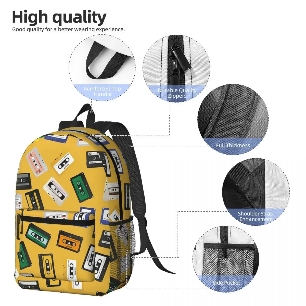 Compact Cassette Cartoon Pattern Backpack Daypack Large Capacity Boys Girls BookBag School Bag Shoulder Bags for Men Women