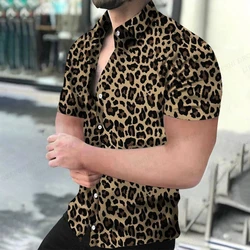 Camisa havaiana dos homens e das mulheres com leopardo 3d impresso, manga curta, single-breasted, praia, verão