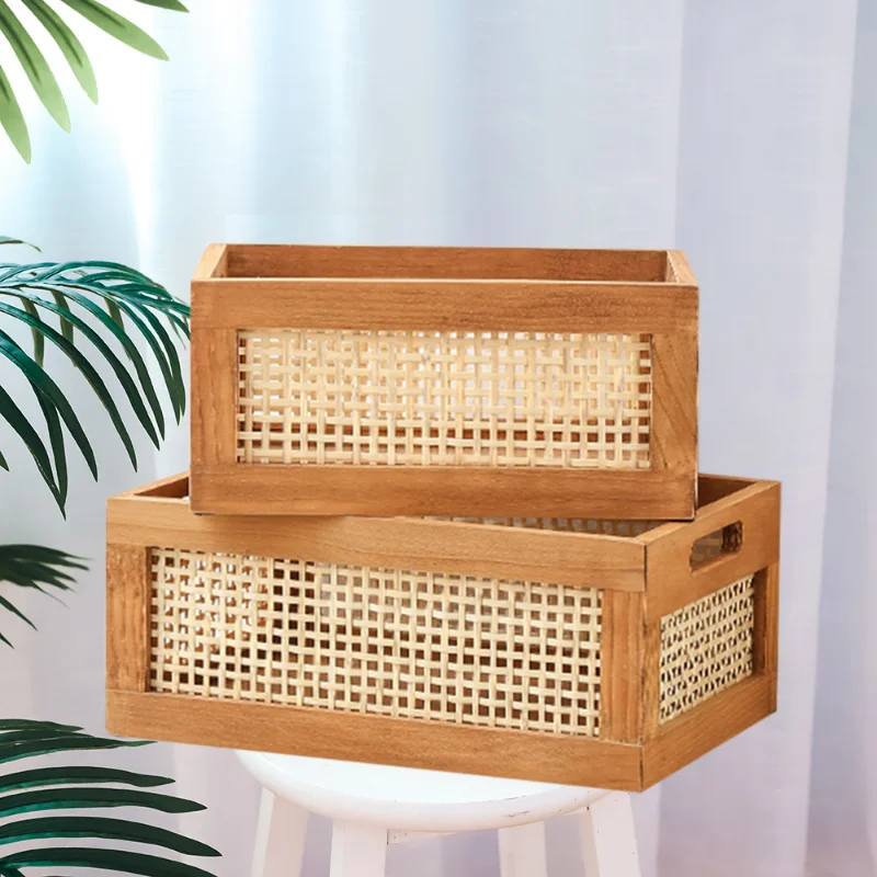 Vintage solid wood storage basket bamboo rattan desktop toys books wooden drawer storage box picnic woven basket