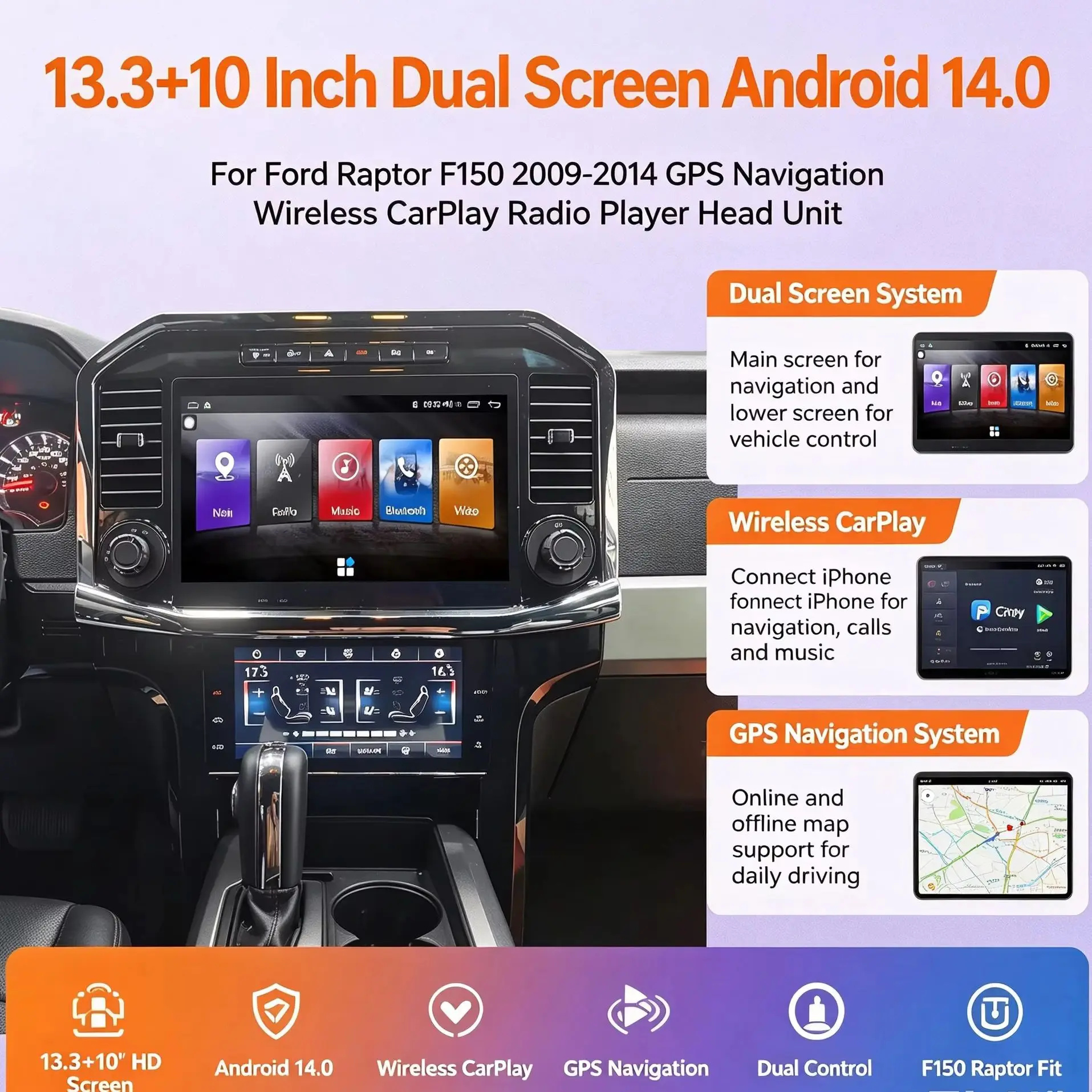 13.3+10 inch HD Touch Screen Android 14.0 For Ford Raptor F150 2009-2014 GPS Navigation Wireless Carplay Radio Player Head Unit