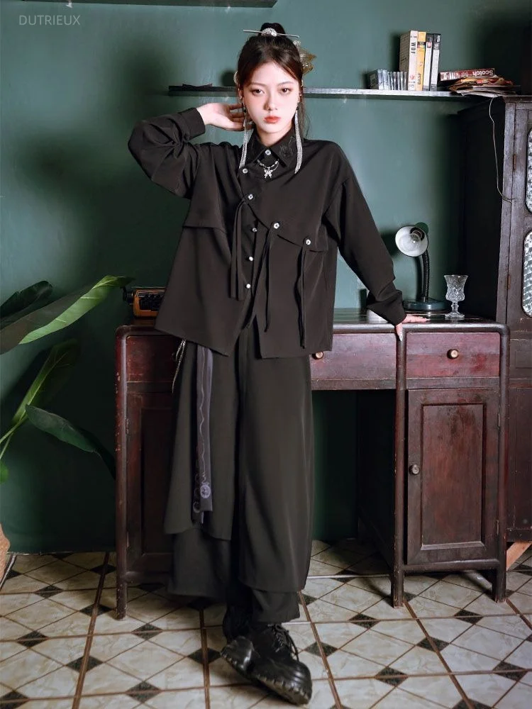 Fake Two Pieces Pantalones Irregular Patchwork Black Wide Leg Pants Loose Streetwear Straight Trousers Y2k Aesthetic Vintage