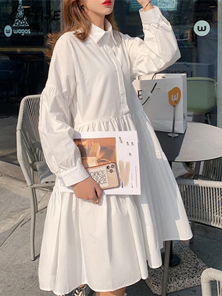 

CJFHJE Pure Color High Waist Korean Fashion Irregular Pleated Dresses White Spring Summer Shirt Dresses Women Casual Black Dress