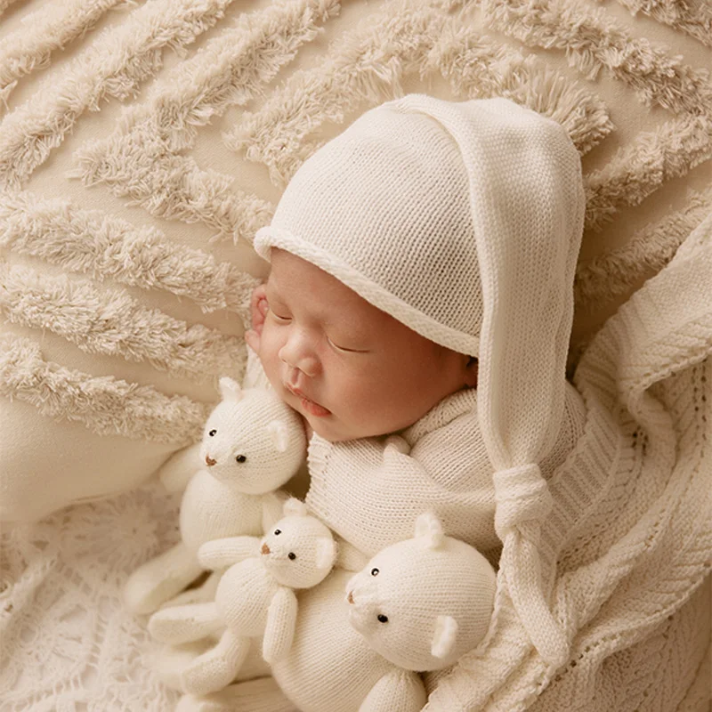 0-1 Month Baby Girl Photography Outfit Props Knitted Jumpsuit Hat Bear Doll Newborn Posing Pillow Studio Infant Photoshoot Props