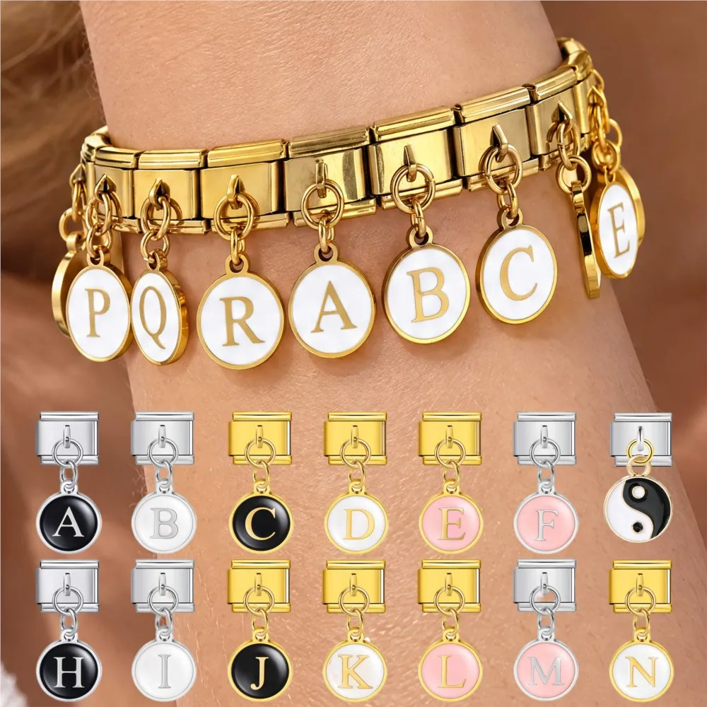 URING 26 Letter Italian Charms A-Z Pendant Beads Link Bracelets Fit 9mm Stainless Steel DIY Jewelry Women Men Trendy Accessories