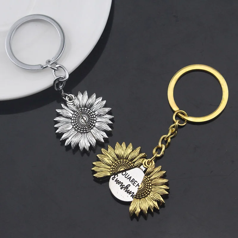 

New Sunflower Keychain Golden Sun flowers Pendant Double Layer Lettering You Are My Sun Shine Best Friend Gifts