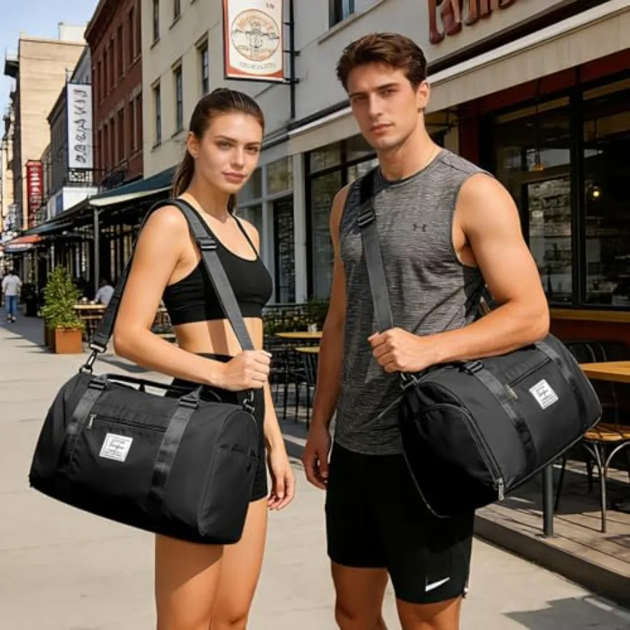 Small Black Sports Gym Duffel Bags for Women Men, Travel Totes Bag Cute Weekender bag with Wet Pocket and Shoe Compartment for view 2