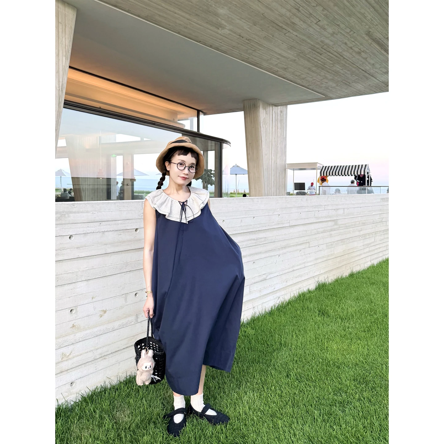 

Missmonkey Loose Fit Gauze Dr Color Woven Linen Material Splicing on ape Belted Casual Sle Women's Dr