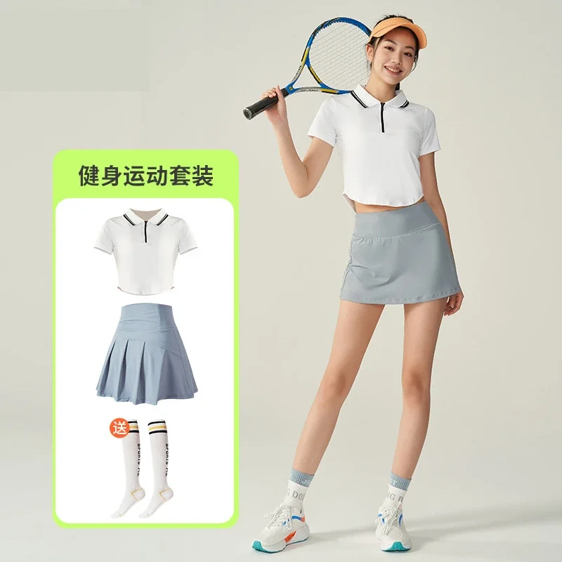 

Tennis Skirt with Shorts Underneath Polo Top T-shirt Golf Wear 2024 Gym Fitness Yoga Skort Badminton Clothing Active Wear Black