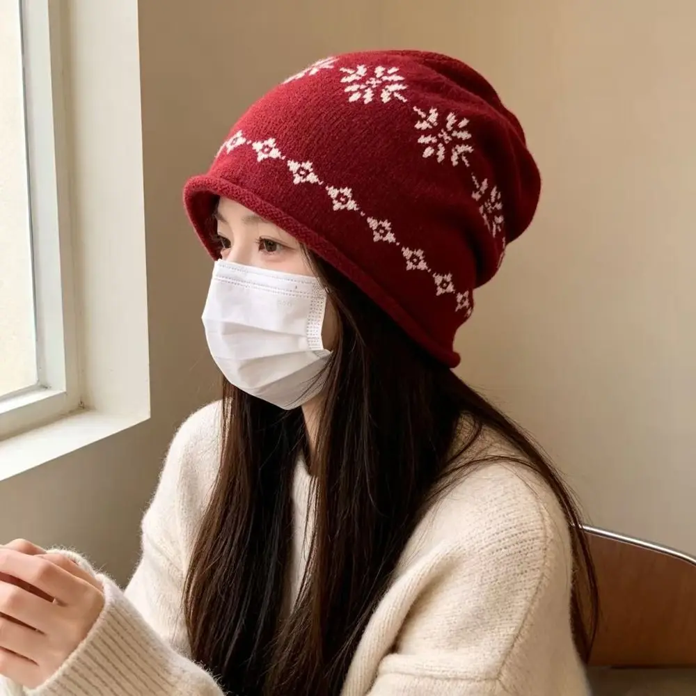 Warm Seasonal Warmth Knitted Hat Fair Isle Curled Edge Ear Protection Hat Jacquard Weave Warm Beanies Hat Casual Wear